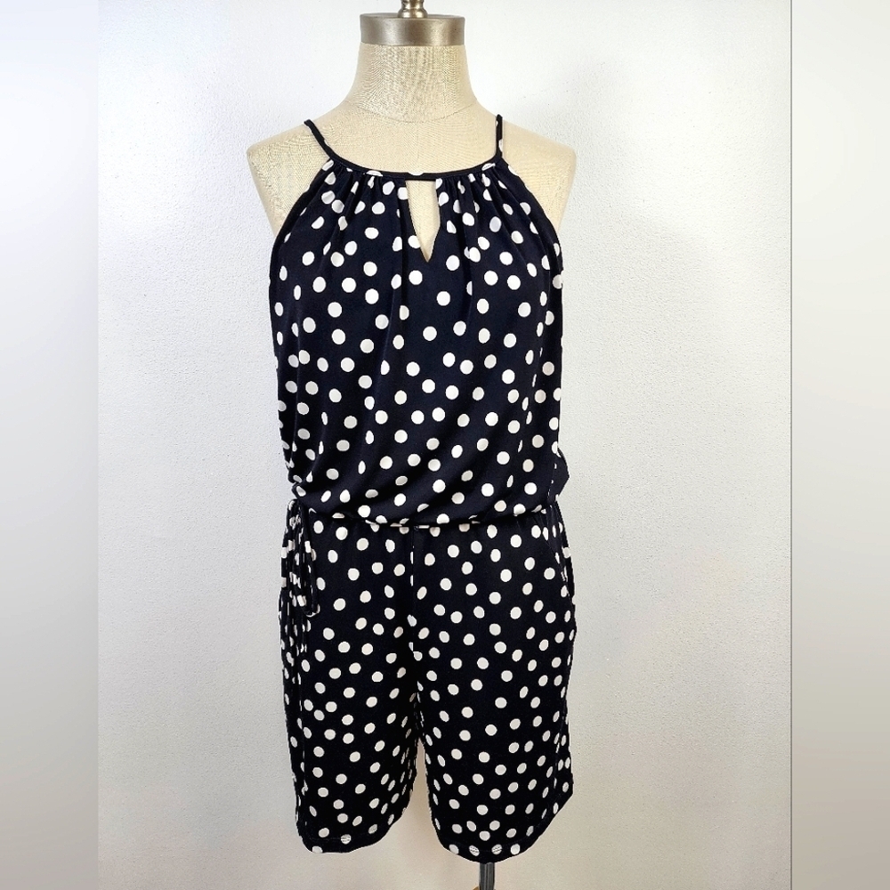 London Times Polka Dot Halter Jumpsuit Wide Leg Size 8